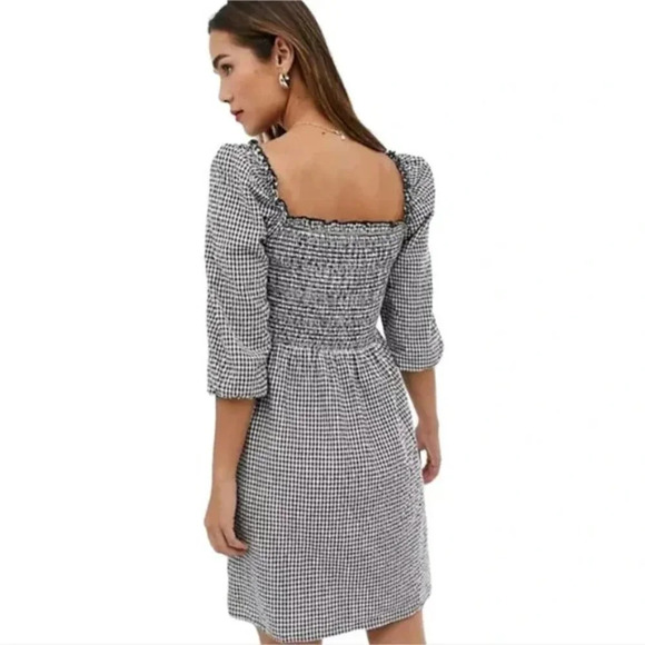 Mango Square Neck Puff Sleeve Smocked Bodice Black White Gingham Mini Dress Sz L - Picture 3 of 7